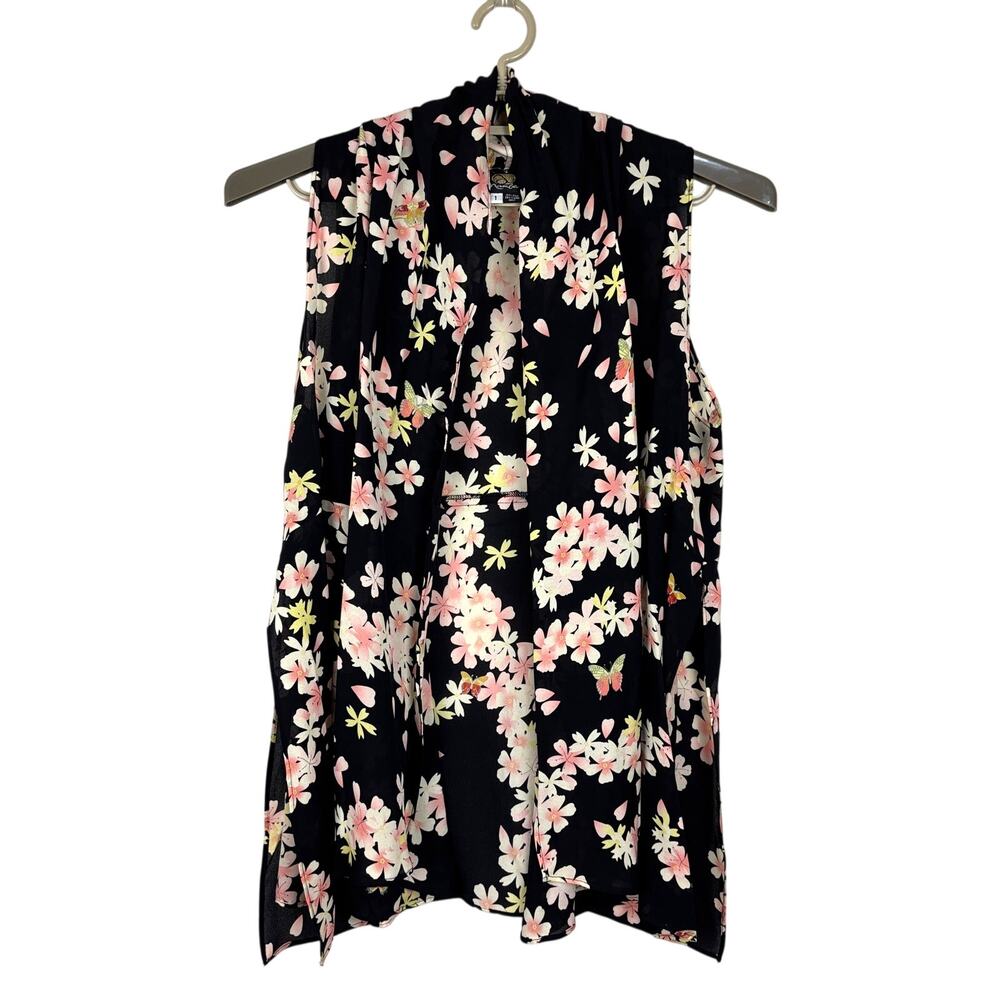 Anne Namba Silk Vest Black Pink Floral Butterflies size 1 asian cherry blossom